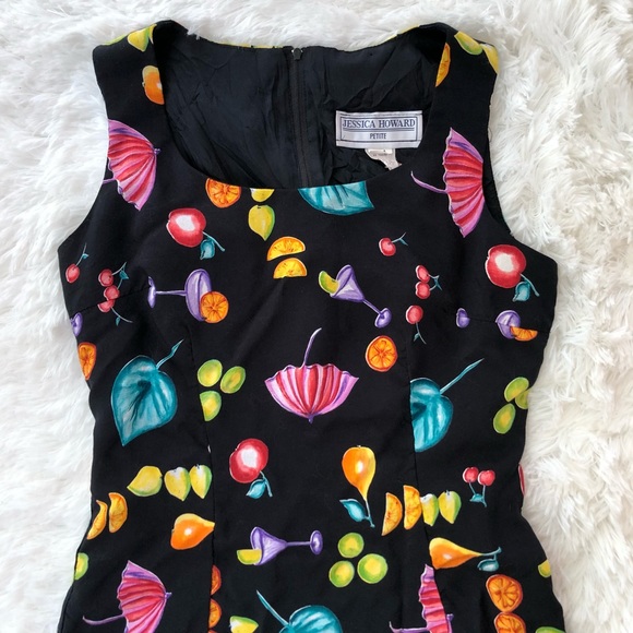 JESSICA HOWARD • Vintage Black Dress Neon Funky Fruit and Cocktail Pattern - Picture 3 of 14